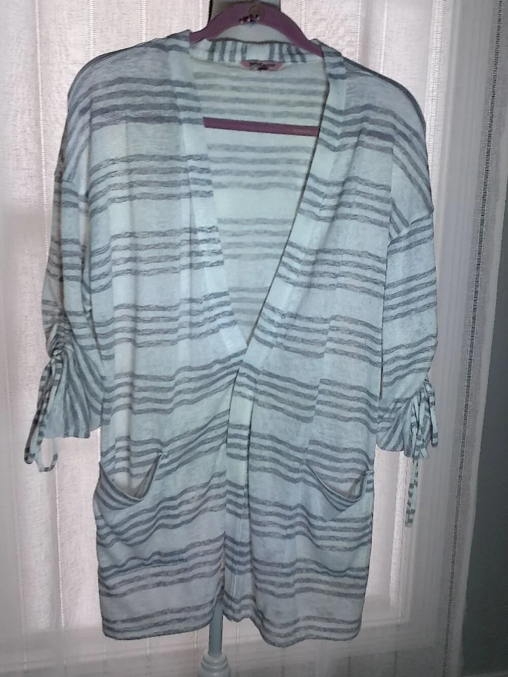 JUICY COUTURE Ruched Sleeves Open Front Tunic Cardigan White w/Gray Stripes L